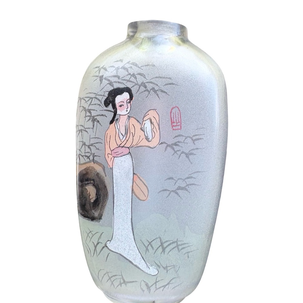 Antique Japanese Clear Hand-Painted Glass Snuff Bottle No Stopper